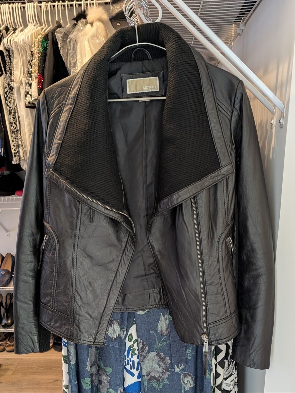 Michael Kors Black Leather Moto Jacket with Ribbed Collar - Picture 2 of 6